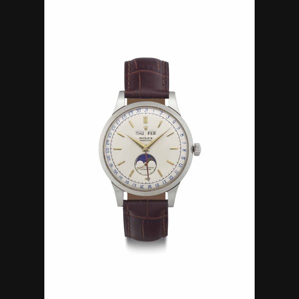 Rolex. A Rare Stainless Steel Automatic Triple Calendar Wristwatch with Moon Phases SIGNED ROLEX, PERPETUAL, OFFICIALLY CERTIFIED CHRONOMETER, REF. 8171, CIRCA 1953