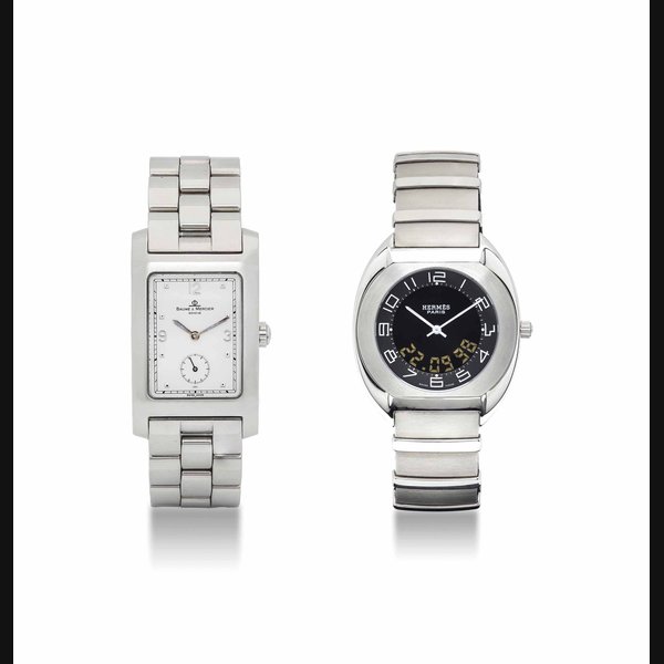 GROUP OF 2 WATCHES A STAINLESS STEEL RECTANGULAR WRISTWATCH WITH BRACELET SIGNED BAUME & MERCIER, GENEVE, HAMPTON MODEL, REF. MV045063, CASE NO.2341103 41mm. length A STAINLESS STEEL TONNEAU-SHAPED MULTI-FUNCTION WRISTWATCH WITH BRACELET SIGNED HERMÈS, PARIS, ESPACE MODEL, REF. ES1.710, CASE NO. 1286243 43mm. length (2)