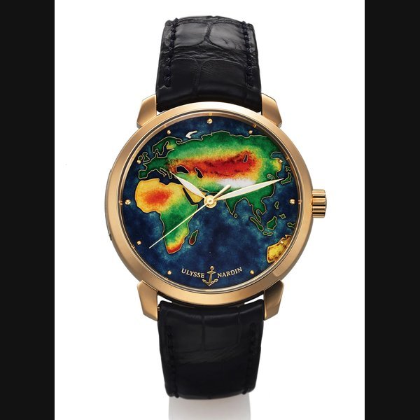 Ulysse Nardin ULYSSE NARDIN REF. 8156-111 AFRO- EURASIA CLOISONNE ENAMEL PINK GOLD LIMITED EDITION Ulysse Nardin, "Afro-Eurasia," limited No. 6 / 30, Ref. 8156-111. Made in a limited edition of only 30 pieces circa 2014. Very fine and very rare, water-resistant, center second, self-winding, 18K pink gold wristwatch with cloisonné enamel dial depicting the Afro-Eurasian map and an 18K pink gold Ulysse Nardin buckle. | Important Modern & Vintage Timepieces | New York, October 8th, 2016 · 8156-111