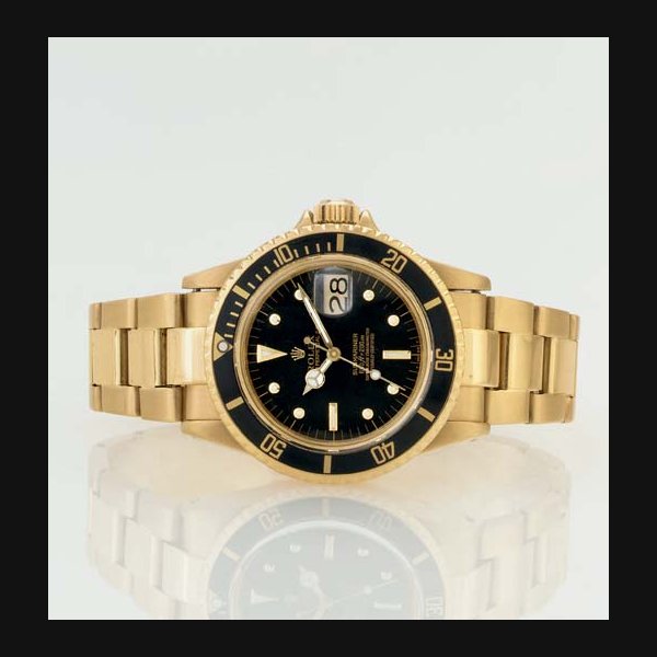 ROLEX. A FINE 18K GOLD AUTOMATIC WATER-RESISTANT WRISTWATCH WITH CENTER SECONDS AND DATE SIGNED ROLEX, OYSTER PERPETUAL DATE, "SUBMARINER", 660FT=200M, MOVEMENT NO. D584237, CASE NO. 5836102, REF. 1680, CIRCA 1979