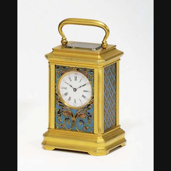 A French Miniature Gilt-Brass A French miniature gilt-brass, champlevé enamel and porcelain-mounted timepiece carriage clock NO.554. CIRCA 1880