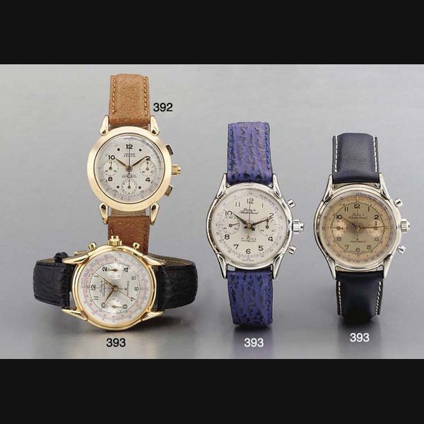 Telda Telda. A fine and limited edition 18K gold split-second chronograph wristwatch with two-tone dial and pulsemeter SIGNED TELDA, ANTIMAGNETIC, RATTRAPANTE, NO, CIRCA 1945/1997, Price & Market Data
