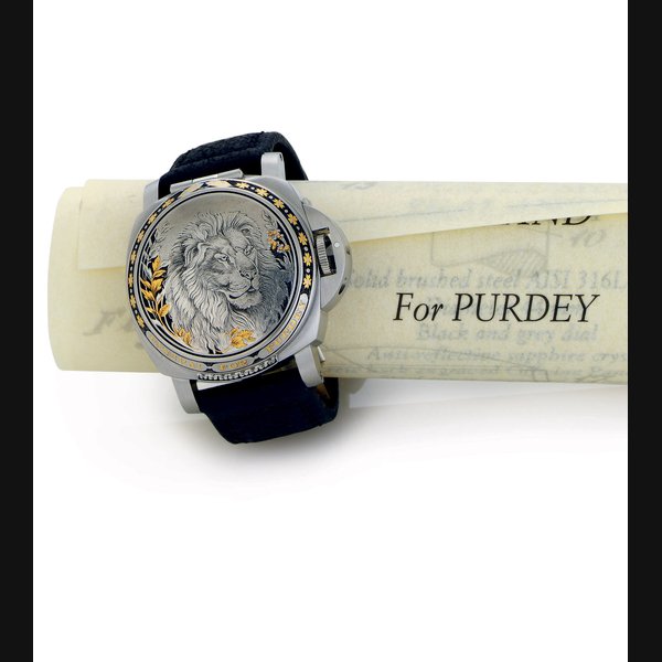 PANERAI. A LIMITED EDITION STAINLESS STEEL AUTOMATIC WRISTWATCH WITH CONCEALED DIAL AND DATE SIGNED PANERAI, LUMINOR, SEALAND, PANERAI FOR PURDEY, LION MODEL, INDIVIDUAL NO. BB 1279840, CASE NO. OP6638, NO. J065/100, PAM00831, CIRCA 2008
