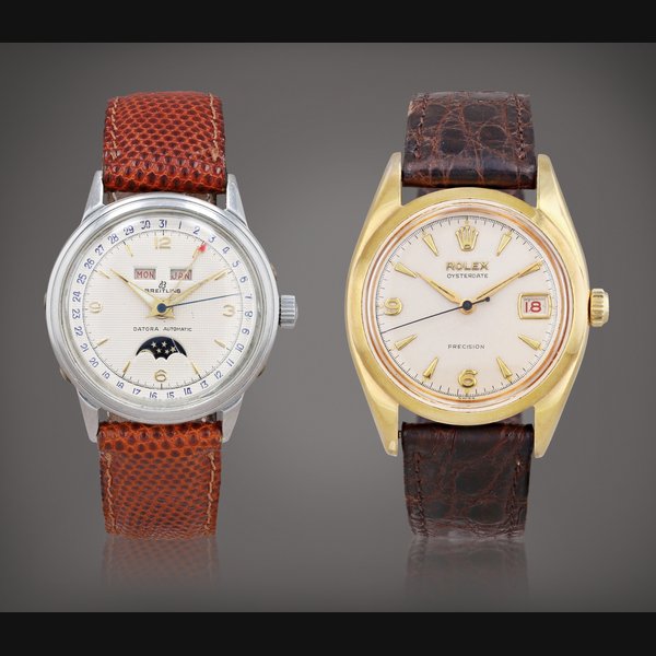 Rolex | Breitling Lot de deux montres bracelet |  Set of two wristwatches    Rolex / Breitling  Oysterdate, reference 6494 / Datora 94-28    Montre bracelet en acier plaqué or jaune avec date / Montre bracelet en acier avec quantième et phases de lune |  Gold plated wristwatches with date / Stainless steel wristwatch with calendar and moon phases    Vers 1957 / 1950 |  Circa 1957 / 1950