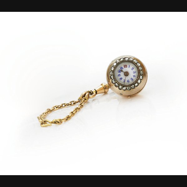 SWISS. AN 18K GOLD AND DIAMOND BALL-FORM KEYLESS CYLINDER WATCH UNSIGNED, CIRCA 1890