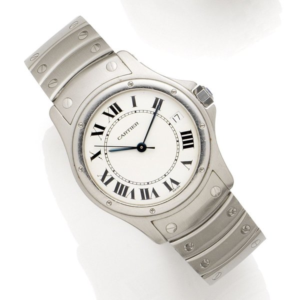 Cartier. A stainless steel automatic calendar bracelet watch Santos Ronde, Ref:1920 1, Case No.CC21479, Movement No.36170, Circa 1995