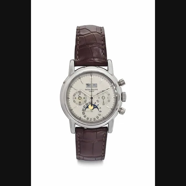 Patek Philippe. An Attractive Platinum Perpetual Calendar Chronograph Wristwatch with Moon Phases SIGNED PATEK PHILIPPE, GENÈVE, REF. 3970EP, MOVEMENT NO. 876'321, CASE NO. 2'919'404, MANUFACTURED IN 1992