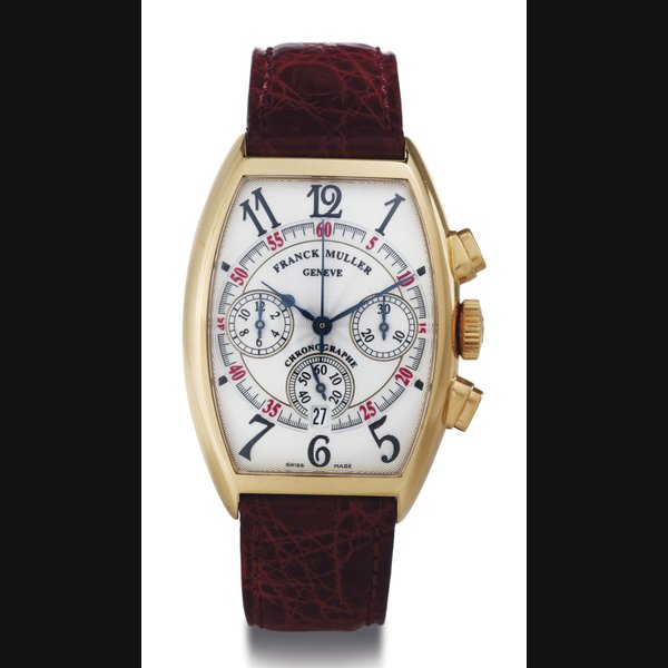 FRANCK MULLER. AN 18K GOLD CHRONOGRAPH WRISTWATCH WITH DATE SIGNED FRANCK MULLER, GENEVE, NO. 75, REF. 5850 CC AT, CIRCA 1998