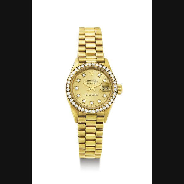 ROLEX. A LADY'S 18K GOLD AND DIAMOND AUTOMATIC WRISTWATCH WITH CENTER SECONDS, DATE AND BRACELET SIGNED ROLEX, OYSTER PERPETUAL, DATEJUST, CASE NO. 8565652, REF. 69178, CIRCA 1985