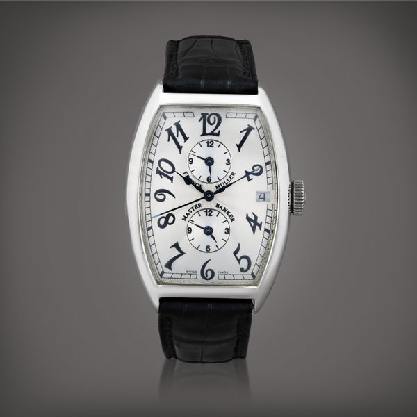 Franck Muller Master banker 'N. 01', reference 5850 MB    Montre bracelet à triple fuseau horaire en platine avec date |  Platinum triple time zone wristwatch with date    Vers 1998 |  Circa 1998