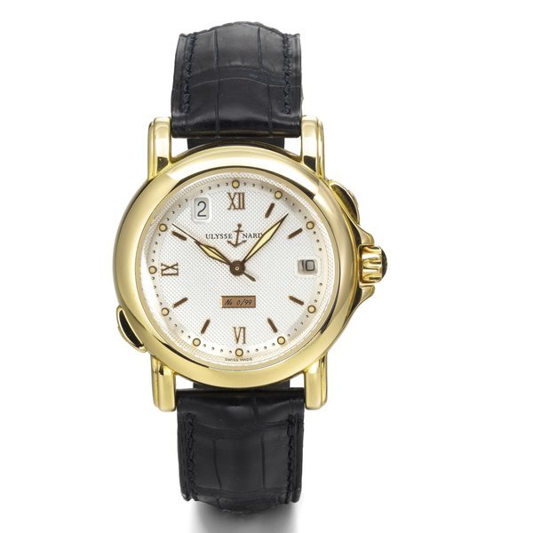 Ulysse Nardin A LIMITED EDITION YELLOW GOLD AUTOMATIC CENTER SECONDS DUAL TIME ZONE WRISTWATCH WITH DATE
CIRCA 2000 SAN MARCO NO 0/99