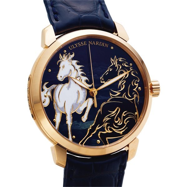 Ulysse Nardin ULYSSE NARDIN REF. 8156-111 CLASSICO HORSE ENAMEL ROSE GOLD Ulysse Nardin, "Classico Hourse", limited No. 38/88, Ref. 8156-111. Made in a limited edition of 88 pieces circa 2015. Very fine and very rare, water-resistant, center second, self-winding, 18K rose gold and wristwatch with cloisonné enameled dial depicting the Classico Horse and 18K rose gold Ulysse nardin deployant clasp. Accompanied by the inter national warranty card, booklets and the certificate. | Important Modern & Vintage Timepi · 8156-111