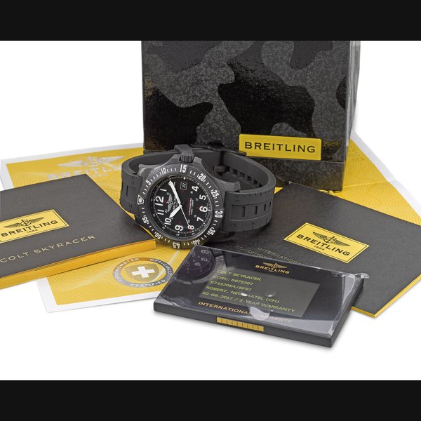 BREITLING. A BREITLIGHT® WRISTWATCH WITH SWEEP CENTRE SECONDS, DATE, INTERNATIONAL WARRANTY AND BOX SIGNED BREITLING, 1884, CHRONOMETRE, 100M / 330FT, COLT SKYRACER, REF. X74320, CASE NO. 6’075’307, CIRCA 2017