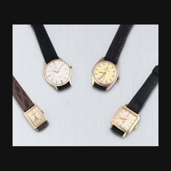 A Group of Four Gold Wristwatches. Comprising: A 14ct Gold Automatic Centre Seconds Wristwatch; A 14ct Gold Rectangular Wristwatch; A 14ct Gold Automatic Centre Seconds Calendar Wristwatch; and An 18ct Gold Automatic Centre Seconds Calendar Wristwatch SIGNED: GIRARD PERREGAUX, MOVEMENT NO 2119514; JULES JURGENSEN, MOVEMENT NO 502015; CYMA AUTOMATIC CYMAFLEX CASE NO 215468; AND UNIVERAL GENEVE POLEROTOR SUPER, CASE NO 169115, 1950S/1960S