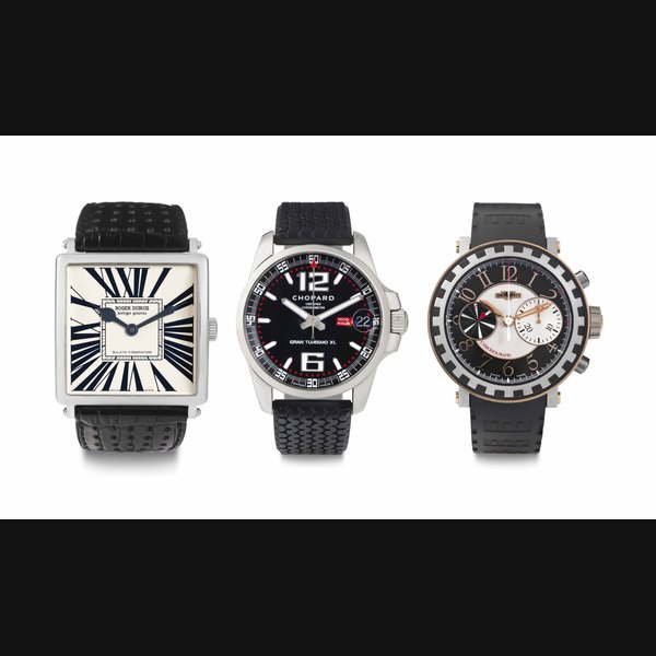 A Lot of Three Automatic Wristwatches THE FIRST SIGNED ROGER DUBUIS, NO. 10/28, THE SECOND SIGNED CHOPARD, GRAN TURISMO, MILLE MIGLIA GT XL, NO. 16/8997, THE THIRD SIGNED DEWITT, ACADEMIA CHRONOGRAPHE SÉQUENTIAL, REF. 6005.28, NO. 066/999