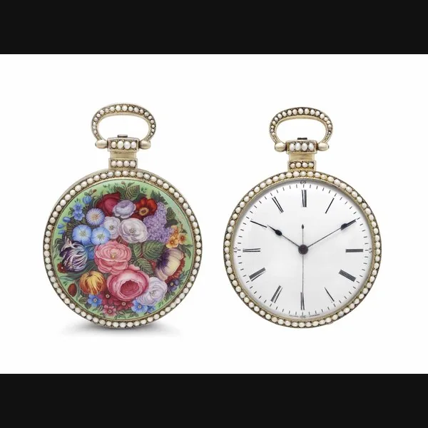 Vaucher. A Large and Attractive Silver Gilt, Enamel and Pearl-set Openface Center Seconds Duplex Watch, Made for the Chinese Market Signed Vaucher, Fleurier, Circa 1870