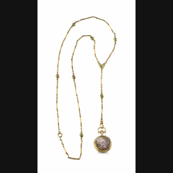 Swiss. A Miniature 18k Pink Gold and Enamel Openface Cylinder Pendant Watch UNSIGNED, MOVEMENT AND CASE NUMBERED 23'731, MID 19TH CENTURY