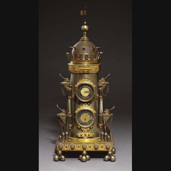 The Fortress An unusual French gilt and patinated brass eight day striking clock with barometer, twin thermometers and automaton gun turret MOVEMENT BY JAPY FRÈRES. CIRCA 1880