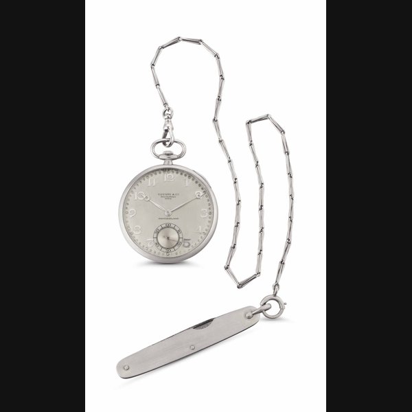 Patek Philippe. A Fine Platinum Openface Keyless Lever Dress Watch with Platinum Chain and Pocket Knife SIGNED PATEK PHILIPPE & CO., GENÈVE, RETAILED BY TIFFANY & CO., MOVEMENT NO. 823'014, CASE NO. 416'089, CIRCA 1929