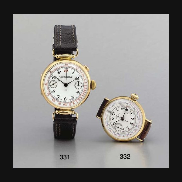 Eberhard. An early 18K gold hinged single-button chronograph wristwatch with enamel dial SIGNED EBERHARD & CO., CHAUX DE FONDS, CIRCA 1920