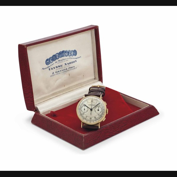 Ulysse Nardin. An 18k Gold Chronograph Wristwatch with Tachometer Scale and Presentation Box SIGNED ULYSSE NARDIN, LOCLE & GENÈVE, MOVEMENT NO. 29'254, CASE NO. 602'383, CIRCA 1930