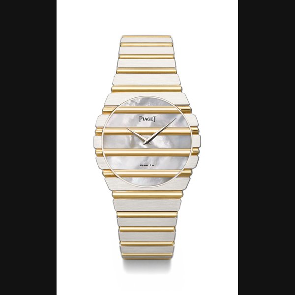 Piaget. A very unusual and attractive 18K white and yellow gold bracelet watch with mother-of-pearl dial and service guarantee Signed Piaget, Polo model, ref. 7661 C701, case no 412’266, made in 1983