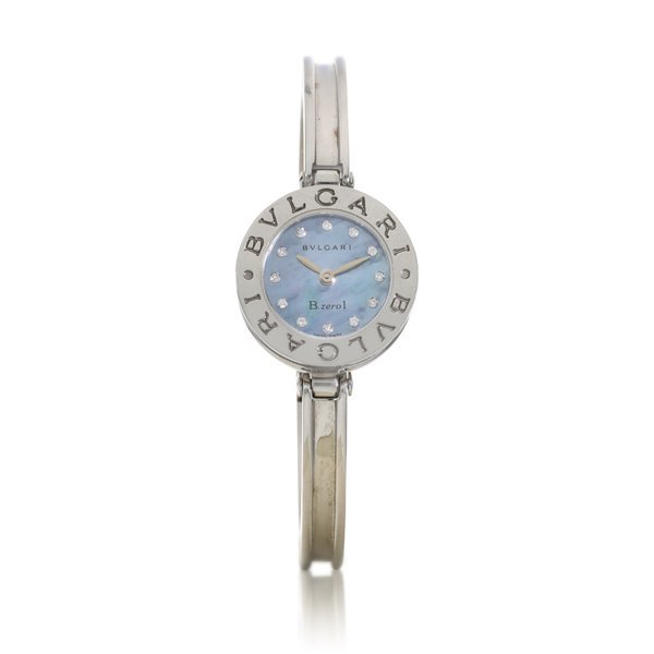 Bvlgari B.ZERO1 | A stainless steel and diamond-set bangle watch with mother-of-pearl dial, Circa 2000 | 寶格麗 B.ZERO1 | 精鋼鑲鑽石手鐲腕錶，備珠母貝錶盤，約2000年製
