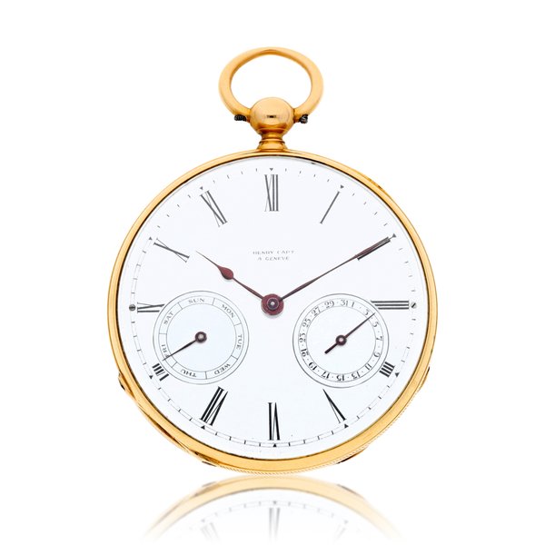 Capt, Genève A gold open-faced pivoted detent pocket chronometer watch with day and date indication circa 1860, No. 19112