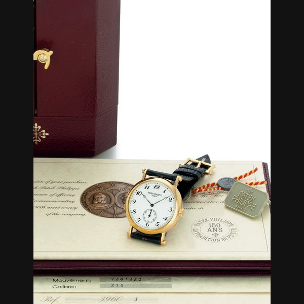 PATEK PHILIPPE. A FINE AND RARE LIMITED EDITION 18K GOLD OFFICIER WRISTWATCH SIGNED PATEK PHILIPPE, GENEVE, MOVEMENT NO. 769622, CASE NO. 2870161, REF. 3960, MANUFACTURED IN 1989
