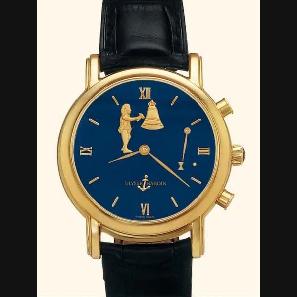 Ulysse Nardin Ulysse Nardin, Locle & Genève, Chro-nometer San Marco, Ref. 756-22. Pro-duced circa 1996.Important and rare, self-winding, water-resistant down to 30 meters, two-train 18K yellow gold gentleman's wrist clockwatch, with automaton striking hours and half hours and 18K yellow gold Ulysse Nardin buckle. | Important Watches, Collector's Wristwatches and Clocks | The Ritz-carlton Hotel, Hong-kong, 8th June 2002 · 756-22