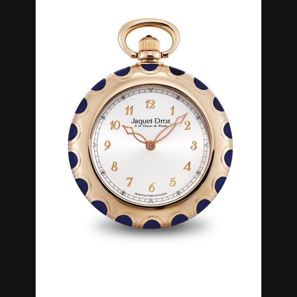 JAQUET DROZ. A FINE 18K GOLD AND ENAMEL OPENFACE KEYLESS LEVER WATCH WITH BREGUET NUMERALS SIGNED JAQUET DROZ, A LA CHAUX-DE-FONDS, REF. 9200, CASE NO. 001, CIRCA 2000