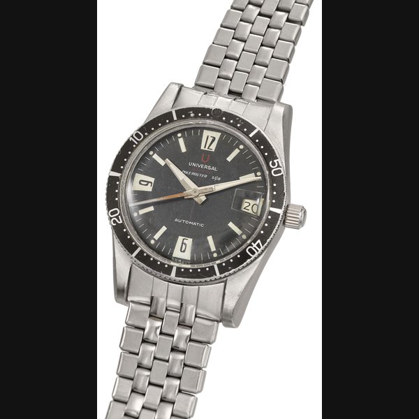 UNIVERSAL. A RARE STAINLESS STEEL AUTOMATIC WRISTWATCH WITH SWEEP CENTRE SECONDS, DATE AND GAY FRERES BRACELET SIGNED UNIVERSAL GENEVE, POLEROUTER SUB, REF. 204’615/1, CASE NO. 2’364’183, MANUFACTURED IN 1965
