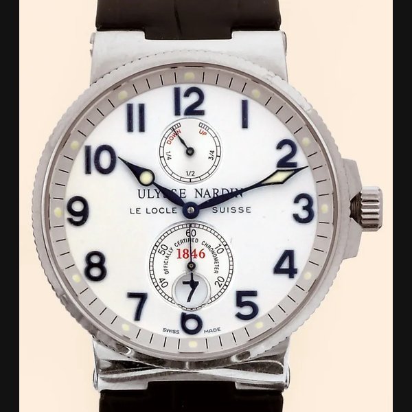Ulysse Nardin '1846 Marine Chronometer' Ulysse Nardin, Le Locle, Suisse, '1846 Marine Chronometer', No. 724. Officially Certified Chronometer, Ref. 263-66. Made in 2004. Fine, self-winding, water-resistant, stainless steel gentleman's chronometer wristwatch with date. | Important Collectors Wristwatches, Pocket Watches & Clocks | New York, 7th December 2005 · 263-66