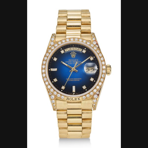 ROLEX, DAY DATE, VIGNETTE DIAL, 18K YELLOW GOLD, REF. 18138