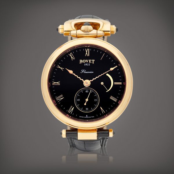 Bovet Amadeo Fleurier, Reference AF43003 | A pink gold convertible wristwatch with power reserve indication and black enamel dial, Circa 2011 | 播威 | Amadeo Fleurier 型號AF43003 | 粉紅金可轉換式腕錶，備動力儲備顯示及黑色琺瑯錶盤，約2011年製 · AF43003