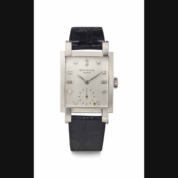 Patek Philippe. A Fine and Rare Platinum and Diamond-Set Rectangular Wristwatch SIGNED PATEK PHILIPPE, GENÉVE, REF. 2443, MOVEMENT NO. 974'584, CASE NO. 512'731, MANUFACTURED IN 1952