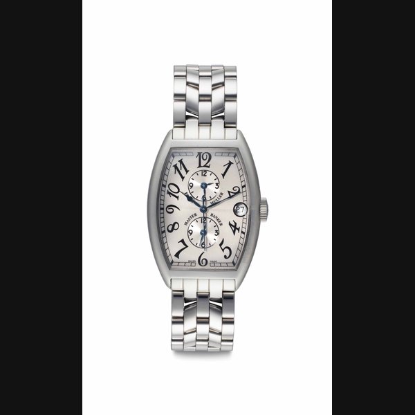 Franck Muller. A Stainless Steel Tonneau-shaped Automatic Triple Time Wristwatch with Date, Center Seconds and Bracelet Signed Franck Muller, Master Banker, Ref. 5850 MB, No. 668, Circa 2000