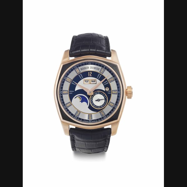 Roger Dubuis. A Fine and Large 18k Pink Gold Automatic Perpetual Calendar Wristwatch with Moon Phases SIGNED ROGER DUBUIS, LA MONEGASQUE MODEL, REF. 86320, MOVEMENT NO. 8960, CASE NO. R05OF6, , CIRCA 2010