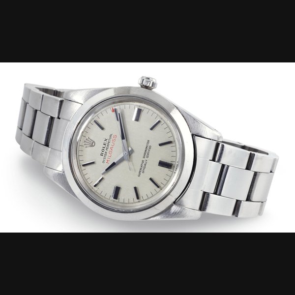 ROLEX. A FINE AND RARE STAINLESS STEEL AUTOMATIC ANTIMAGNETIC WRISTWATCH WITH CENTER SECONDS AND BRACELET SIGNED ROLEX, OYSTER PERPETUAL, MILGAUSS, CASE NO. 1636595, REF. 1019, CIRCA 1965