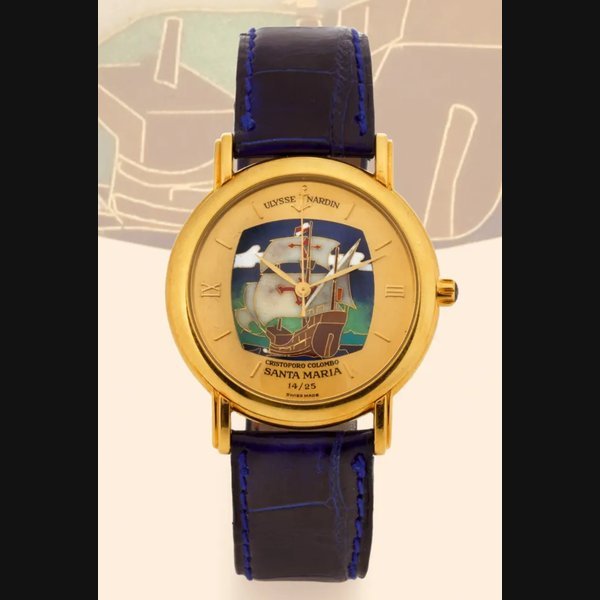 Ulysse Nardin "Cristoforo Columbo" Ulysse Nardin, Locle & Genève, "San Marco - Cristoforo Colombo - Santa Maria.", No. 14/25. Made in a limited edition of 25 examples in 1992. Fine, center-seconds, self-winding, water-resistant, 18K yellow gold and cloisonné enamel gentleman's wristwatch with an 18K yellow gold Ulysse Nardin buckle. Accompanied by a fitted box and certificate. | Only Online Auction (GENEVA) | Geneva, 14th December 2006