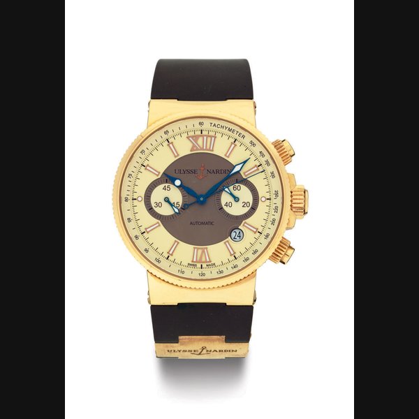 ULYSSE NARDIN. AN 18K PINK GOLD AUTOMATIC CHRONOGRAPH WRISTWATCH WITH DATE AND BRACELET SIGNED ULYSSE NARDIN, MARINE CHRONOGRAPH, NO. 833, REF. 356-66, CIRCA 2005