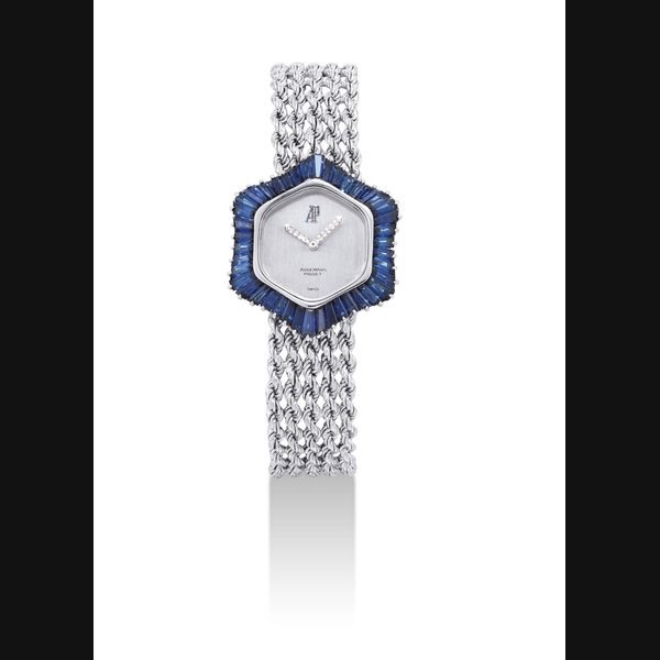 Audemars Piguet AUDEMARS PIGUET. A LADY'S FINE 18K WHITE GOLD, SAPPHIRE AND DIAMOND-SET HEXAGONAL BRACELET WATCH SIGNED AUDEMARS PIGUET, CASE NO. B 8914, CIRCA 1970