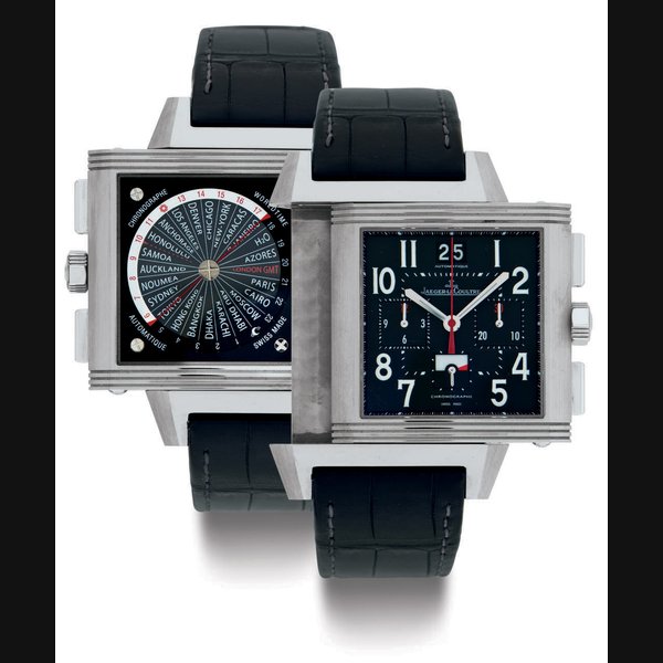 JAEGER-LECOULTRE. AN OVERSIZED LIMITED EDITION TITANIUM RECTANGULAR WORLD TIME CHRONOGRAPH WRISTWATCH WITH NIGHT AND DAY INDICATION JAEGER-LECOULTRE, CHRONOGRAPHE, REVERSO SQUADRA, NO. 0746/1500, CASE NO. 2601101, REF. 231.T.50, CIRCA 2008