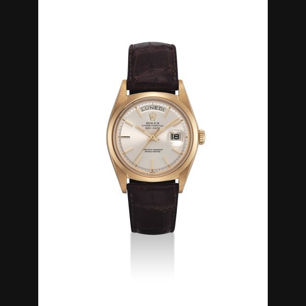 Rolex ROLEX. A FINE 18K GOLD AUTOMATIC WRISTWATCH WITH SWEEP CENTRE SECONDS, DAY AND DATE SIGNED ROLEX, OYSTER PERPETUAL, DAY-DATE MODEL, REF. 1802/1803, CASE NO. 1'183'136, CIRCA 1964