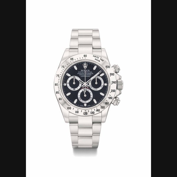 Rolex Rolex. A very rare and attractive stainless steel automatic chronograph wristwatch with bracelet, original guarantee and box SIGNED ROLEX, OYSTER PERPETUAL, SUPERLATIVE CHRONOMETER OFFICIALLY CERTIFIED, COSMOGRAPH, DAYTONA, REF. 116520, CASE NO. 34Q5X807, MANUFACTURED IN 2012