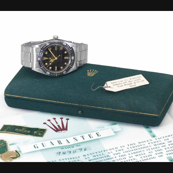 Rolex. A Rare Stainless Steel Automatic Wristwatch with Center Seconds, Bracelet, Original Box, Guarantee, Bill of Sale, and Sales Tag SIGNED ROLEX, OYSTER PERPETUAL, TURN-O-GRAPH, REF. 6202, CASE NO. 949'596, CIRCA 1953