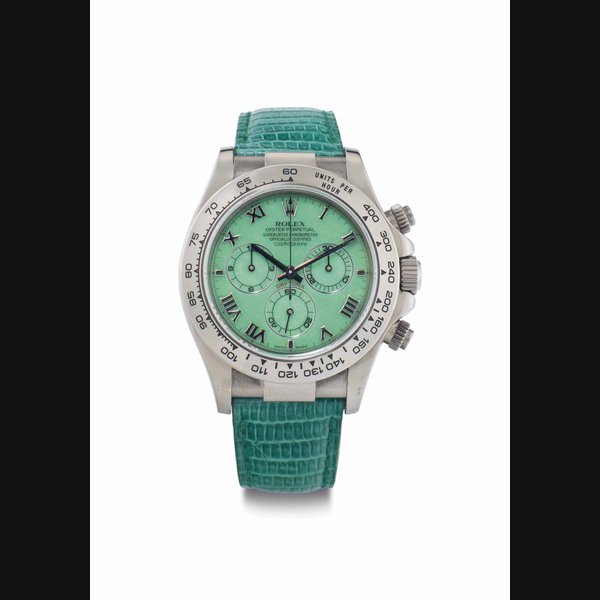 Rolex Rolex. An 18k White Gold Automatic Chronograph Wristwatch with Green Chalcedony Dial SIGNED ROLEX, OYSTER PERPETUAL, SUPERLATIVE CHRONOMETER, OFFICIALLY CERTIFIED, COSMOGRAPH DAYTONA, REF. 16519, CASE NO. P162588, CIRCA 2000