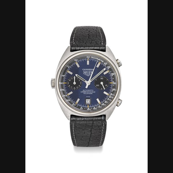 HEUER A RARE STAINLESS STEEL TONNEAU-SHAPED AUTOMATIC CHRONOGRAPH WRISTWATCH WITH DATE MADE FOR THE SOLOTHURN WATCHMAKING SCHOOL Signed Carrera Heuer, ref. 110253, case no. 371’764, circa 1978