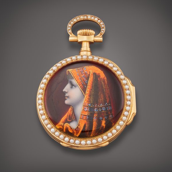 Patek Philippe Retailed by Shreve, Crump & Low Co.: A lady’s pink gold, enamel, and pearl pendant watch | Made in 1891