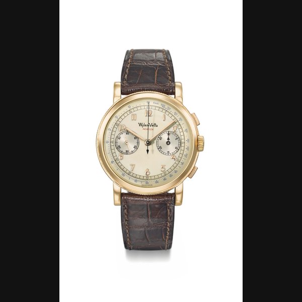 Wyler Vetta. A fine, large and attractive18K pink gold chronograph wristwatch with two-tone dial Signed Wyler-Vetta, Incaflex, ref. 5609, circa 1940s